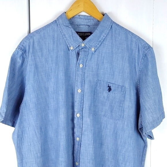 US Polo Association Mens Blue Chambray Short sleeve Button down Blue PONY Sz.XL - Picture 2 of 9